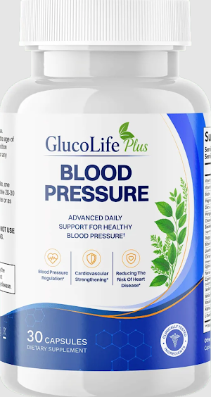 GlucoLife+ Blood Pressure supplement bottle, 30 capsules