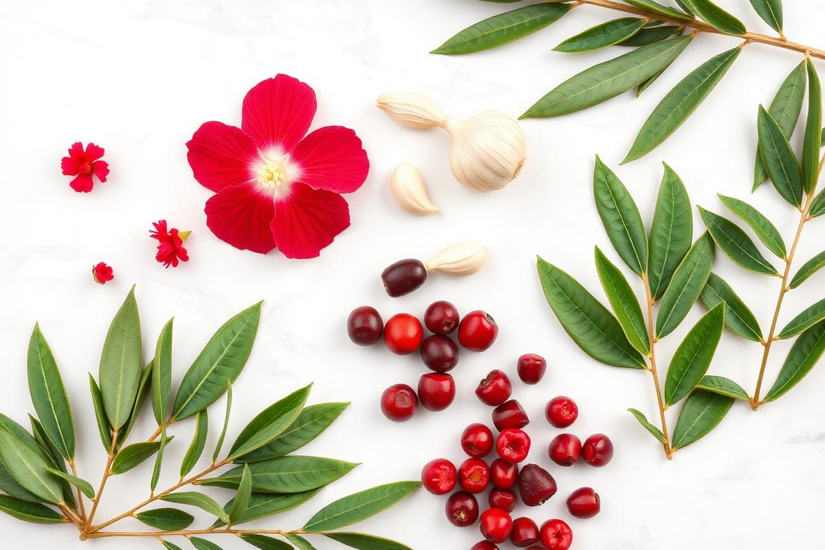Herbal blood pressure support ingredients including hibiscus, garlic, olive leaf and hawthorn berries