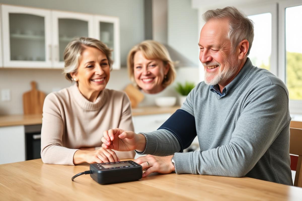 A Canadian couple checking blood pressure with a home monitor at the kitchen table